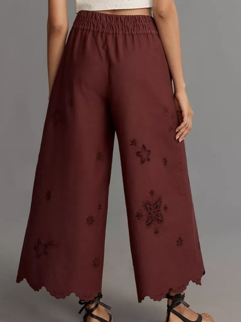 Anthropologie The Somerset Pull-On Wide pant wash embroidered cropped Burgundy L - Picture 2 of 13